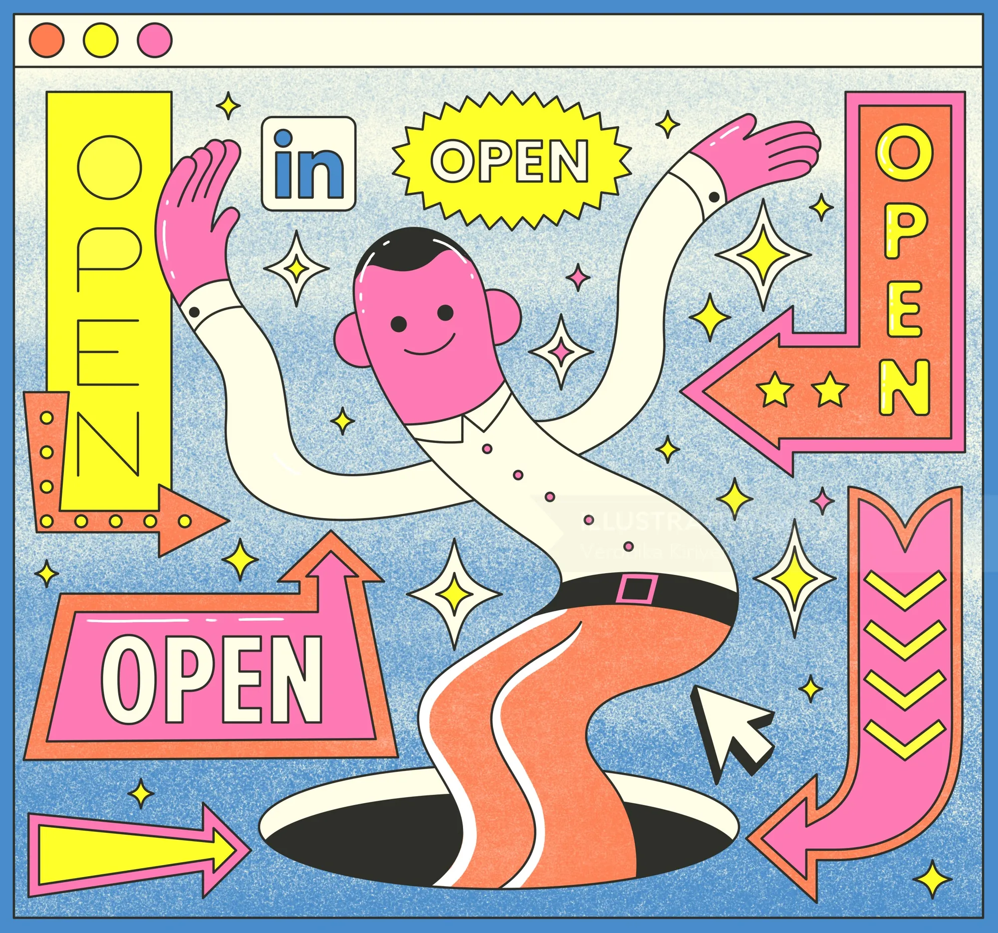Colorful illustration showing a character and multiple open signs with LinkedIn logo by Veronika Kir