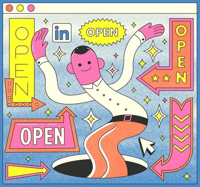 Colorful illustration showing a character and multiple open signs with LinkedIn logo by Veronika Kir