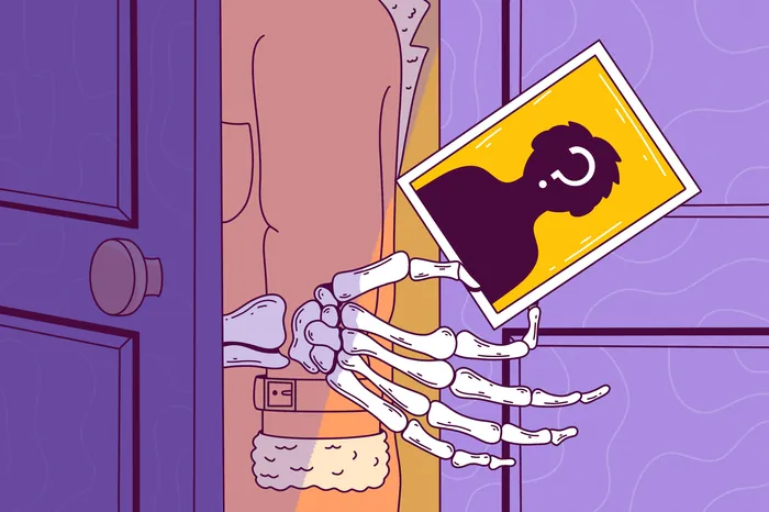 Skeleton hand emerging from closet holds a suspicious photo, by Veronika Kiriyenko