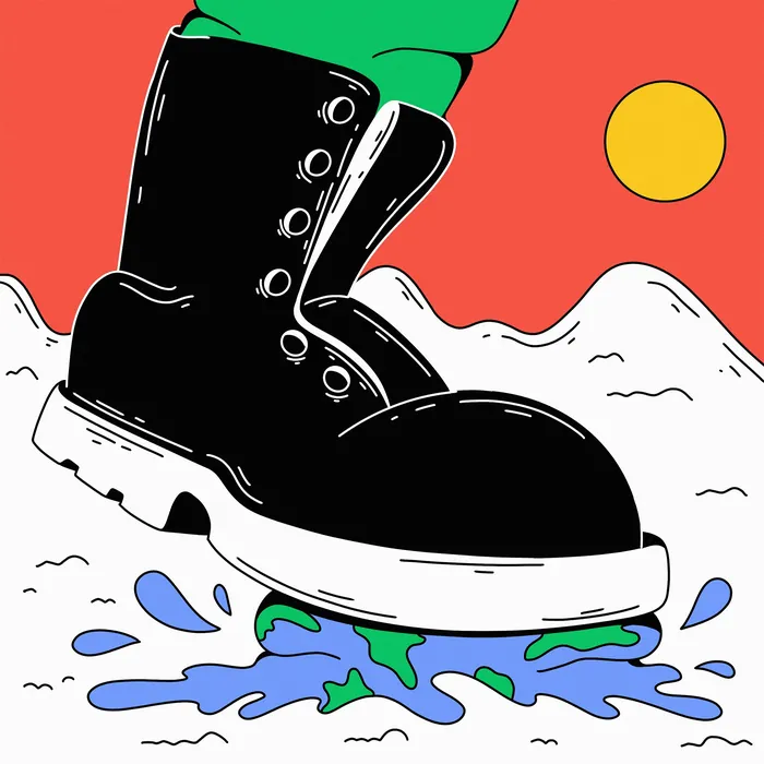 Black boot stepping on Earth with water splash by Veronika Kiriyenko