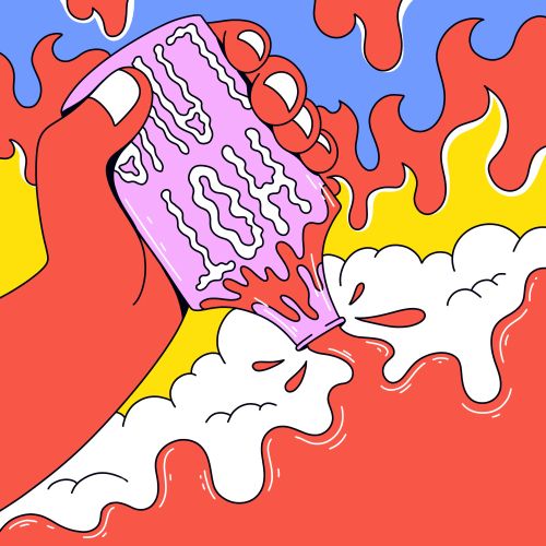 Hand pouring hot sauce with fiery background by Veronika Kiriyenko