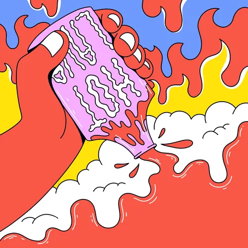 Hand pouring hot sauce with fiery background by Veronika Kiriyenko