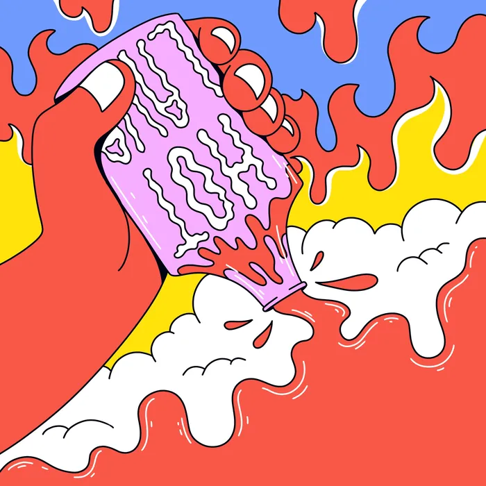 Hand pouring hot sauce with fiery background by Veronika Kiriyenko