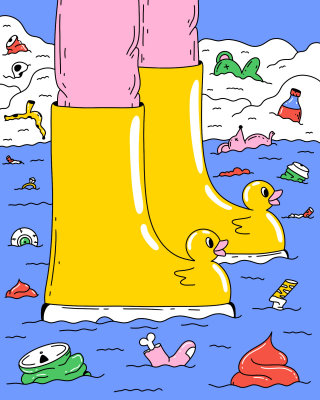 Rubber boots with a humorous design