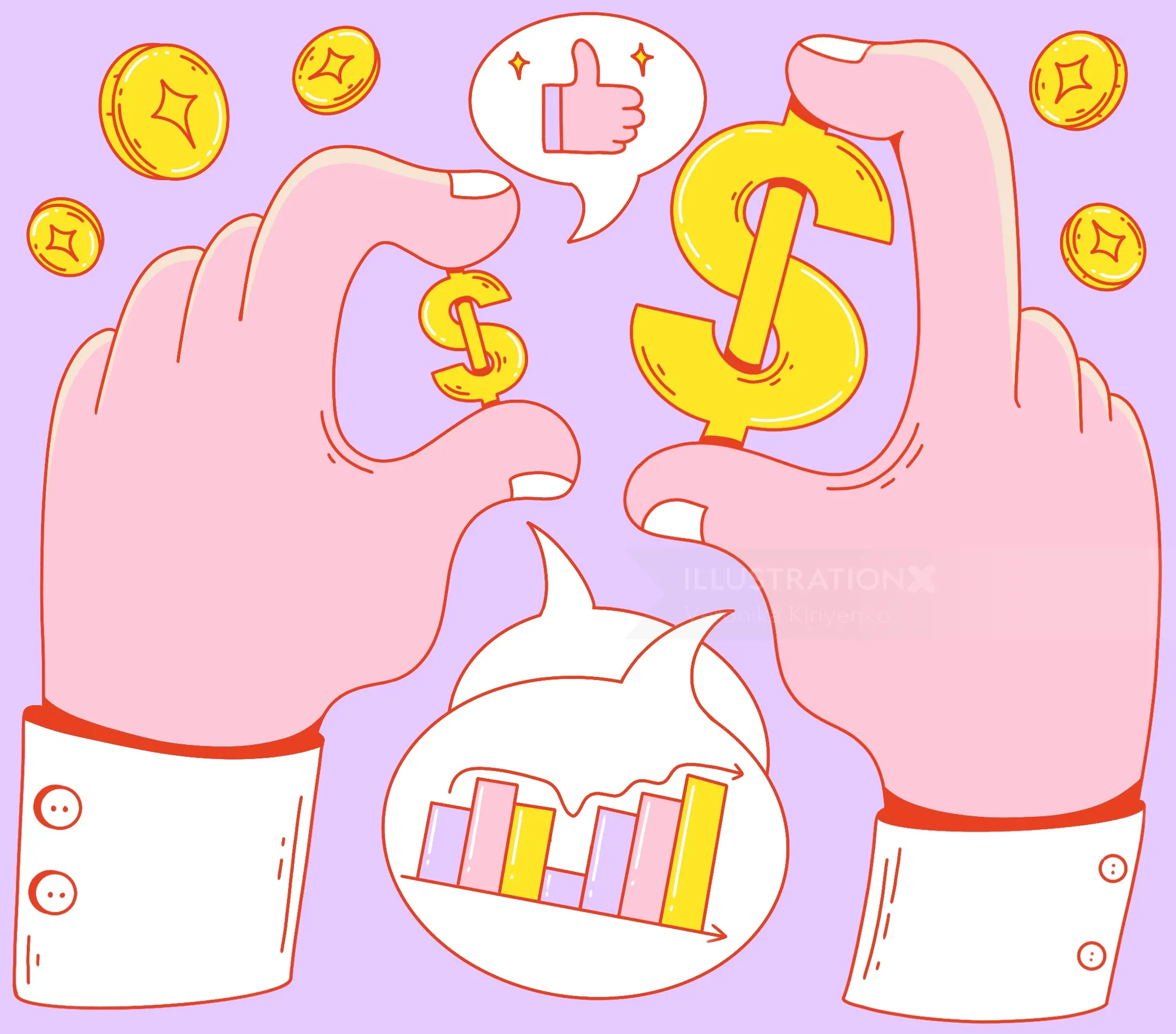 Hands showing dollar signs and bar chart in speech bubbles by Veronika Kiriyenko