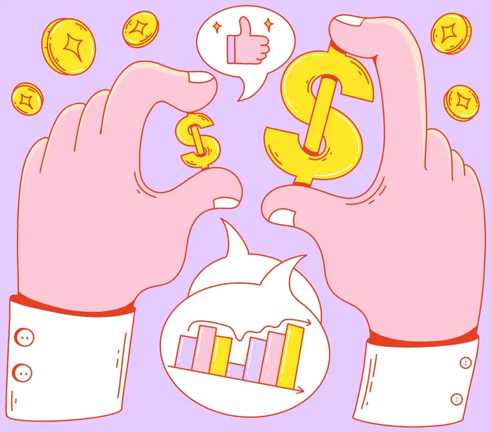 Hands showing dollar signs and bar chart in speech bubbles by Veronika Kiriyenko