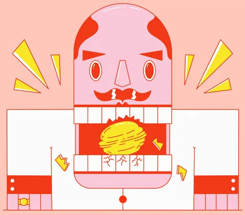 Illustration of cartoon man holding golden stack with sparkles by Veronika Kiriyenko