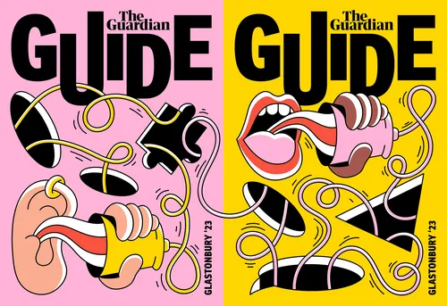 Illustration of hands and mouths with cords on Glastonbury Festival guide by Veronika Kiriyenko