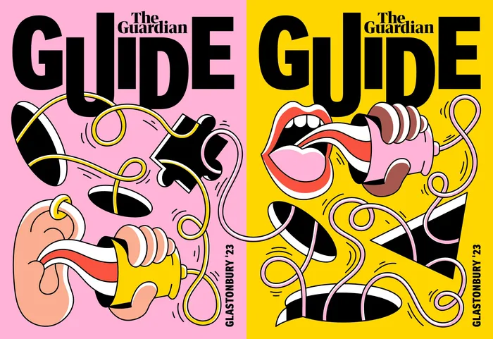 Illustration of hands and mouths with cords on Glastonbury Festival guide by Veronika Kiriyenko