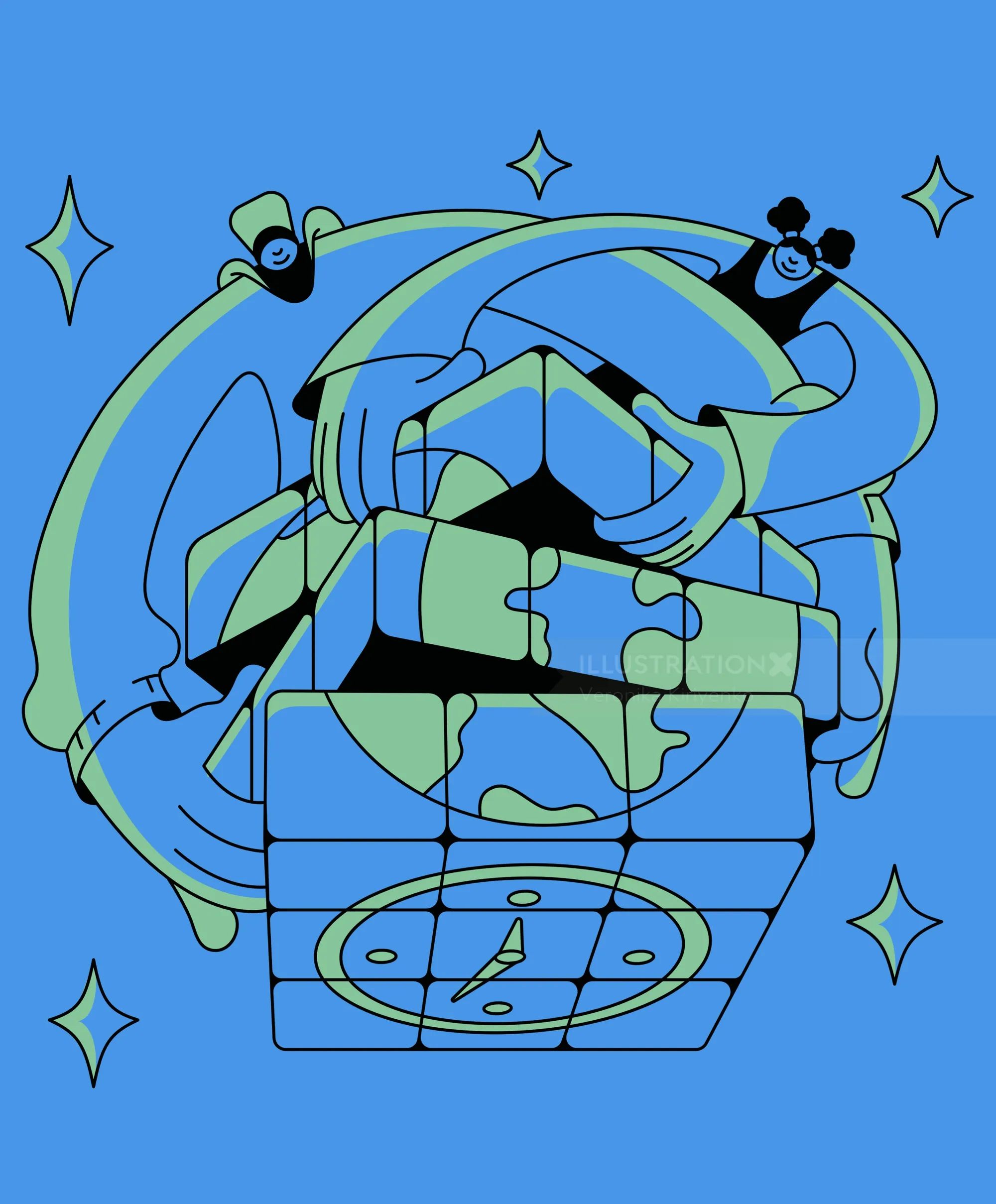 Illustration of the Guardian Bag design featuring entwined figures, by Veronika Kiriyenko