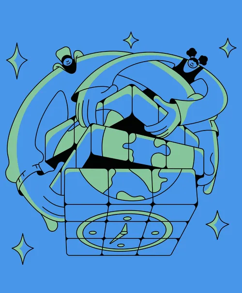 Illustration of the Guardian Bag design featuring entwined figures, by Veronika Kiriyenko