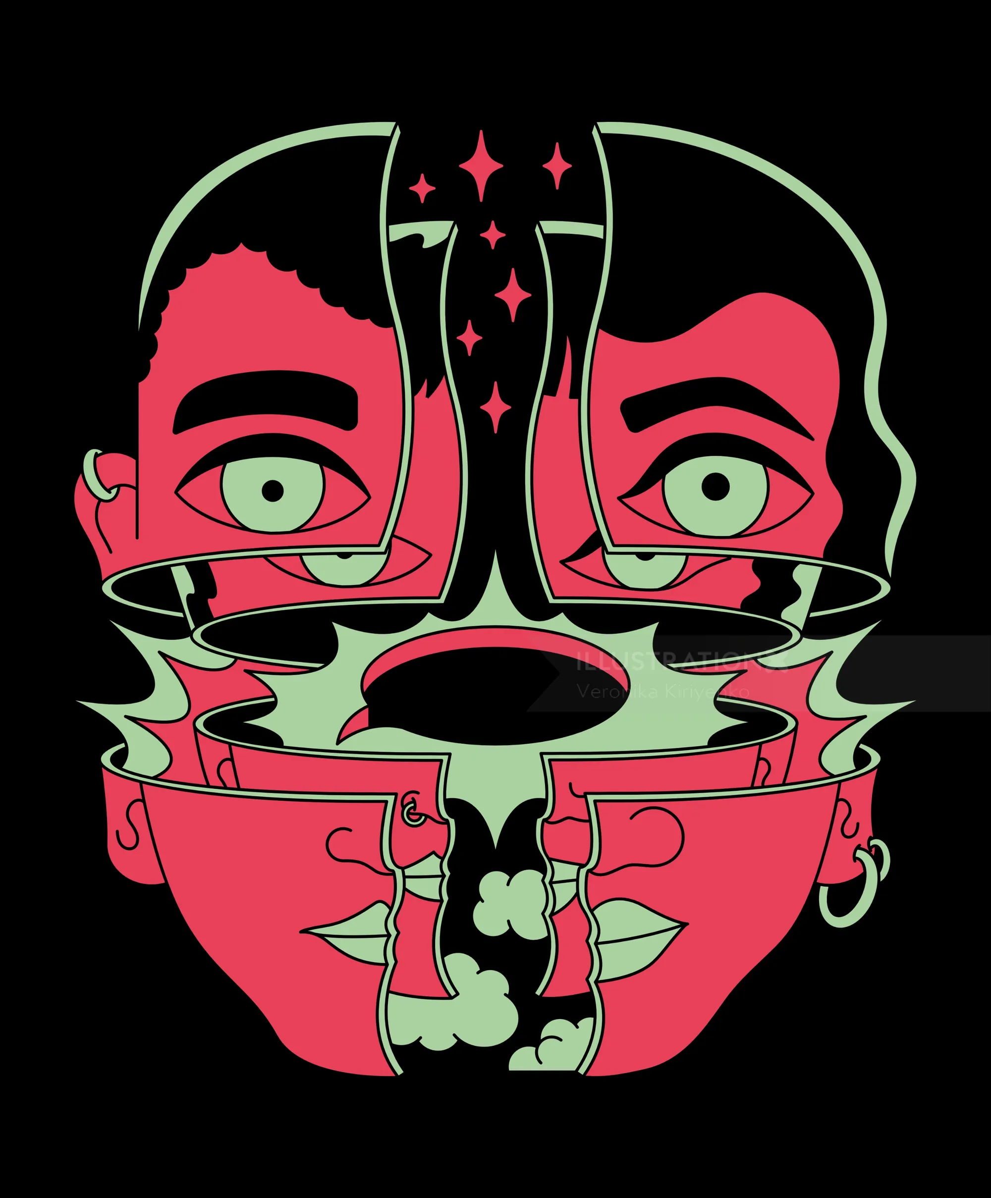 Abstract dual-faced digital artwork by Veronika Kiriyenko, featuring vibrant surreal design