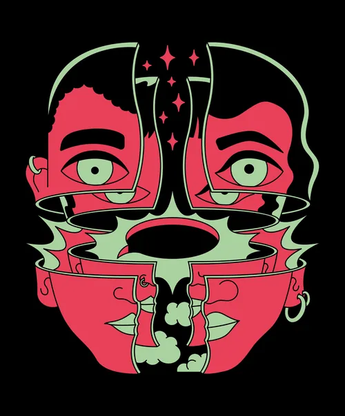 Abstract dual-faced digital artwork by Veronika Kiriyenko, featuring vibrant surreal design