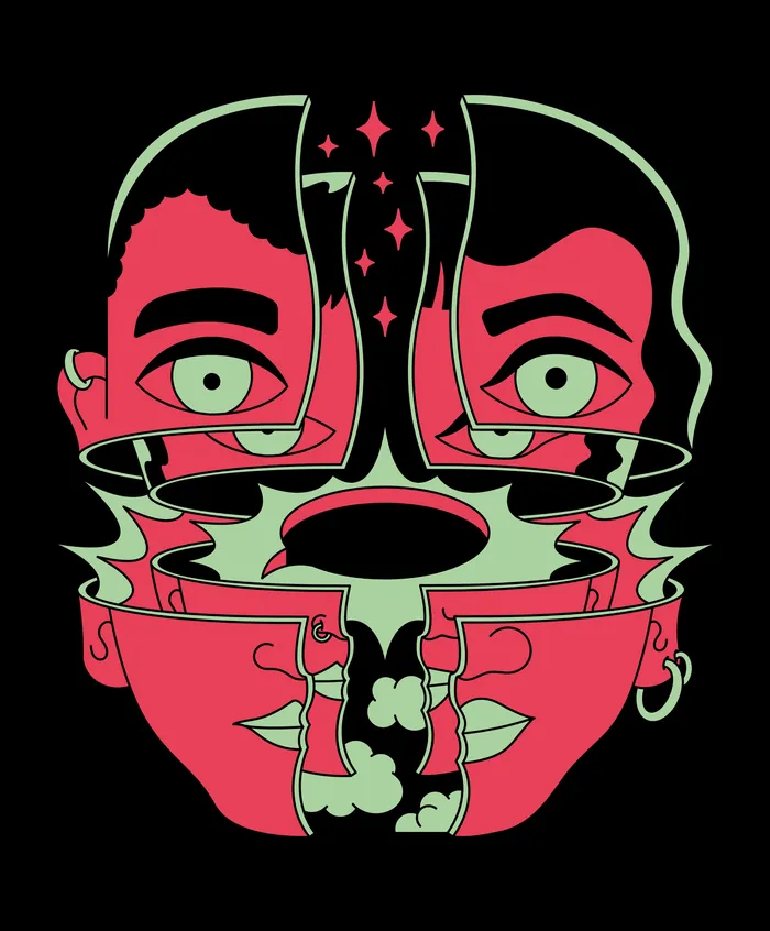 Abstract dual-faced digital artwork by Veronika Kiriyenko, featuring vibrant surreal design