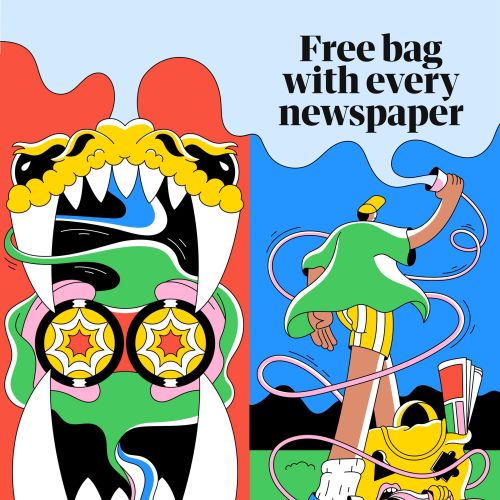 Vibrant illustration for The Guardian by Veronika Kiriyenko, featuring surreal colorful figures