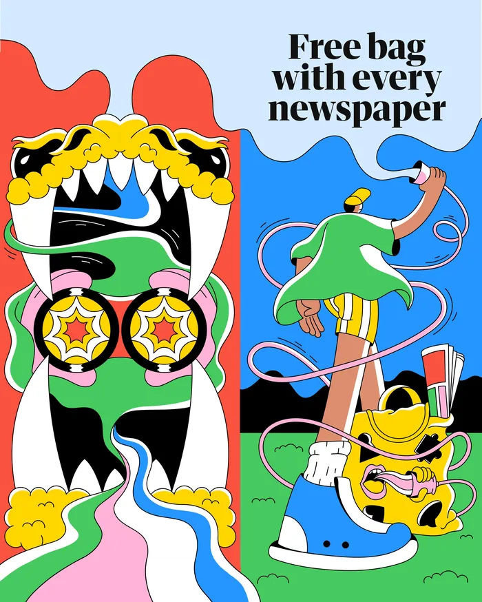 Vibrant illustration for The Guardian by Veronika Kiriyenko, featuring surreal colorful figures