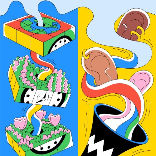 Surreal colorful panel illustrations by Veronika Kiriyenko for The Guardian at Glastonbury