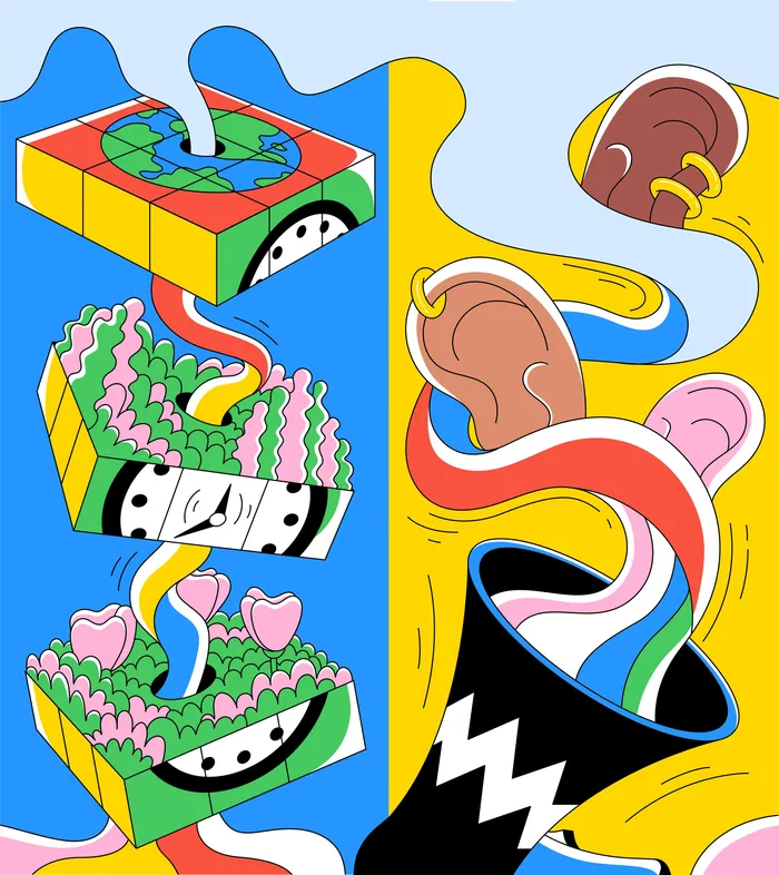 Surreal colorful panel illustrations by Veronika Kiriyenko for The Guardian at Glastonbury