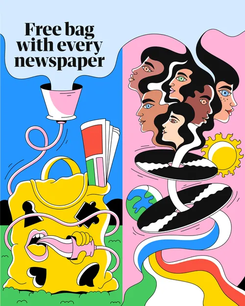 Surreal colorful panel design with faces and objects by Veronika Kiriyenko