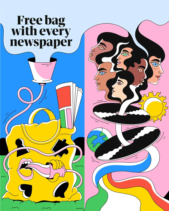 Surreal colorful panel design with faces and objects by Veronika Kiriyenko
