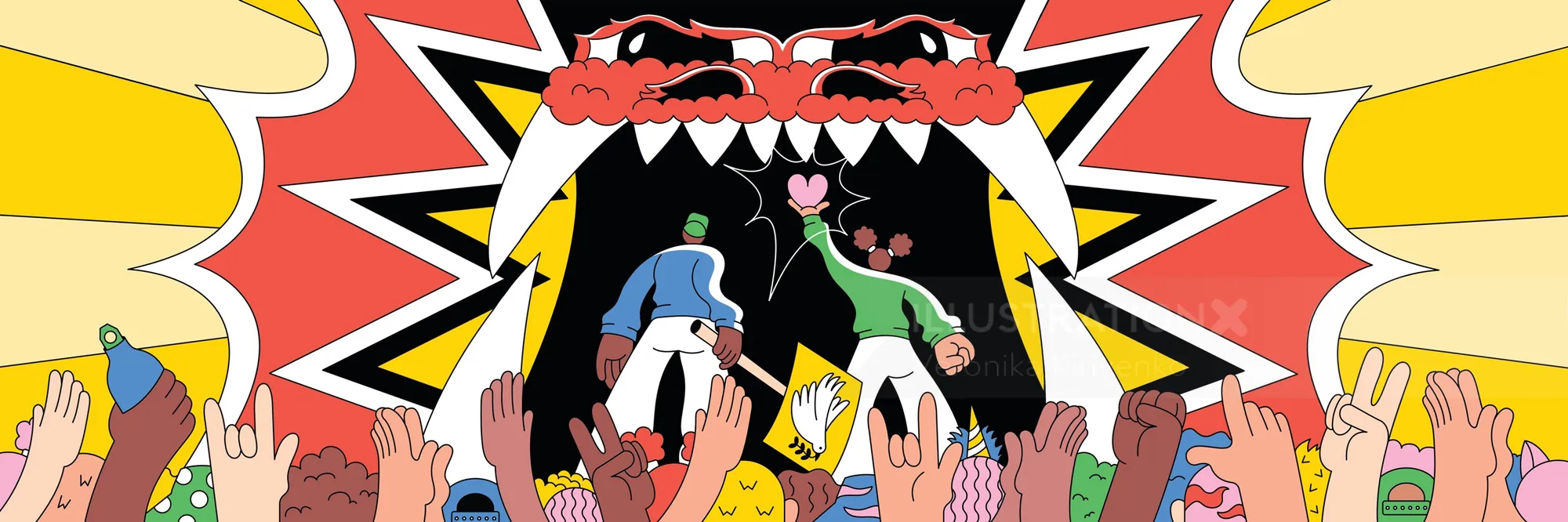 Colorful trailer design with crowd and monster mouth by Veronika Kiriyenko