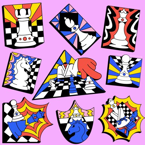 Colorful chess piece patches on a pink background
