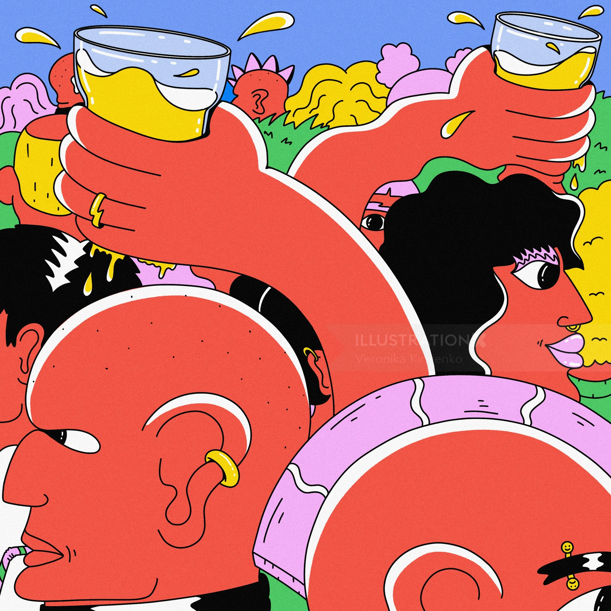 Two people in a colorful crowd clinking glasses of beer