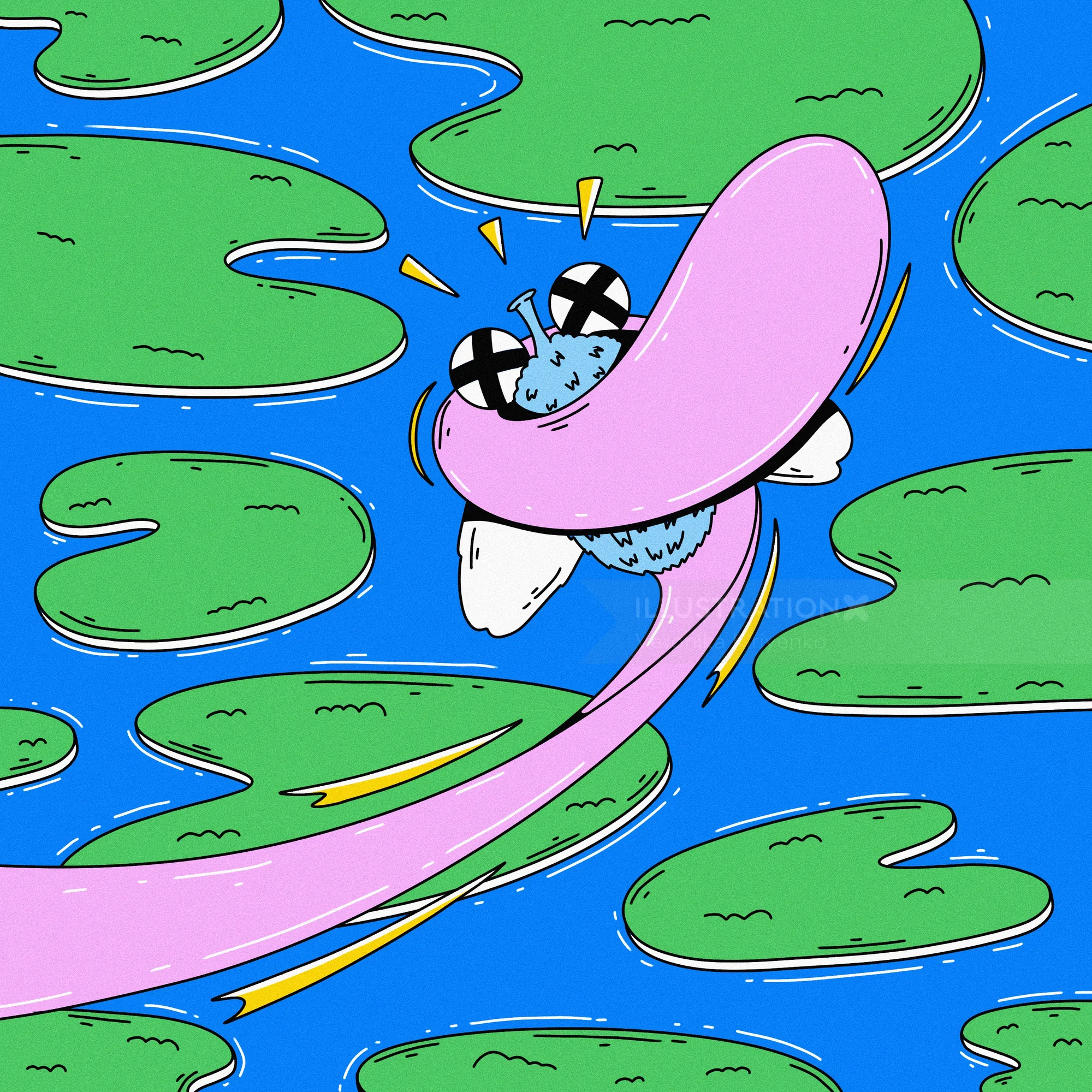 Cartoon frog caught by a long pink tongue among lily pads