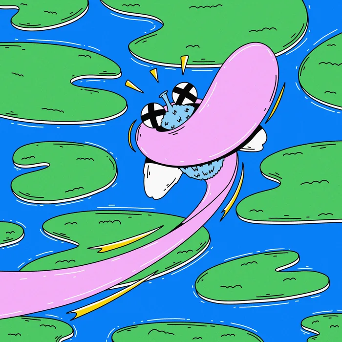 Cartoon frog caught by a long pink tongue among lily pads