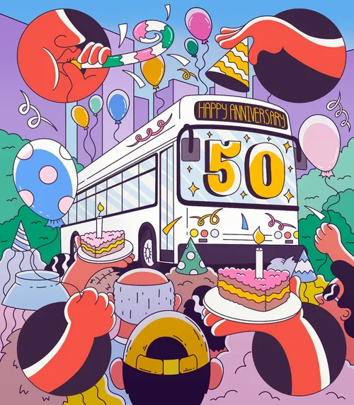 Illustration of a Cincinnati Metro bus celebrating its 50th anniversary with balloons and cake