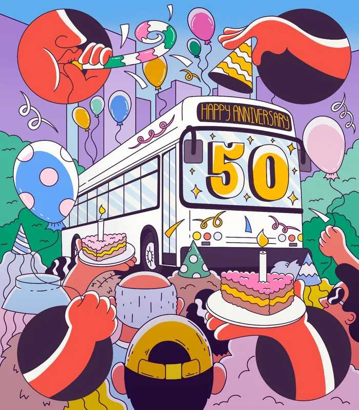 Illustration of a Cincinnati Metro bus celebrating its 50th anniversary with balloons and cake