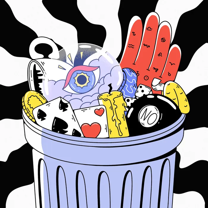 Surreal trash can with eye, cards, hand, and objects on black and white background