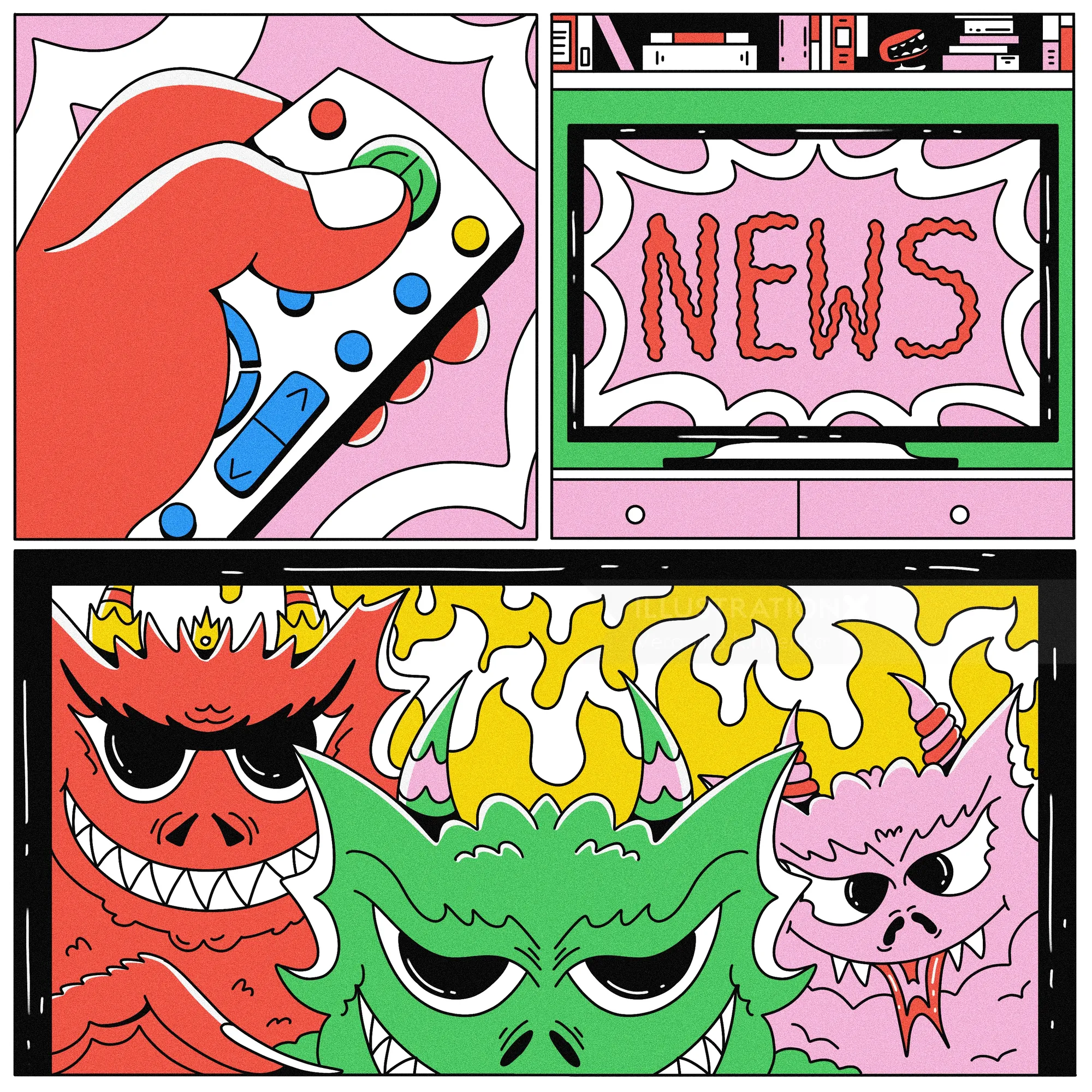 Comic strip showing hand with remote, TV screen with NEWS, and three colorful monsters