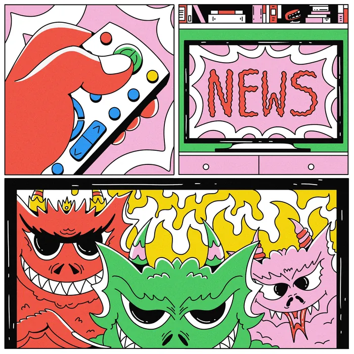 Comic strip showing hand with remote, TV screen with NEWS, and three colorful monsters