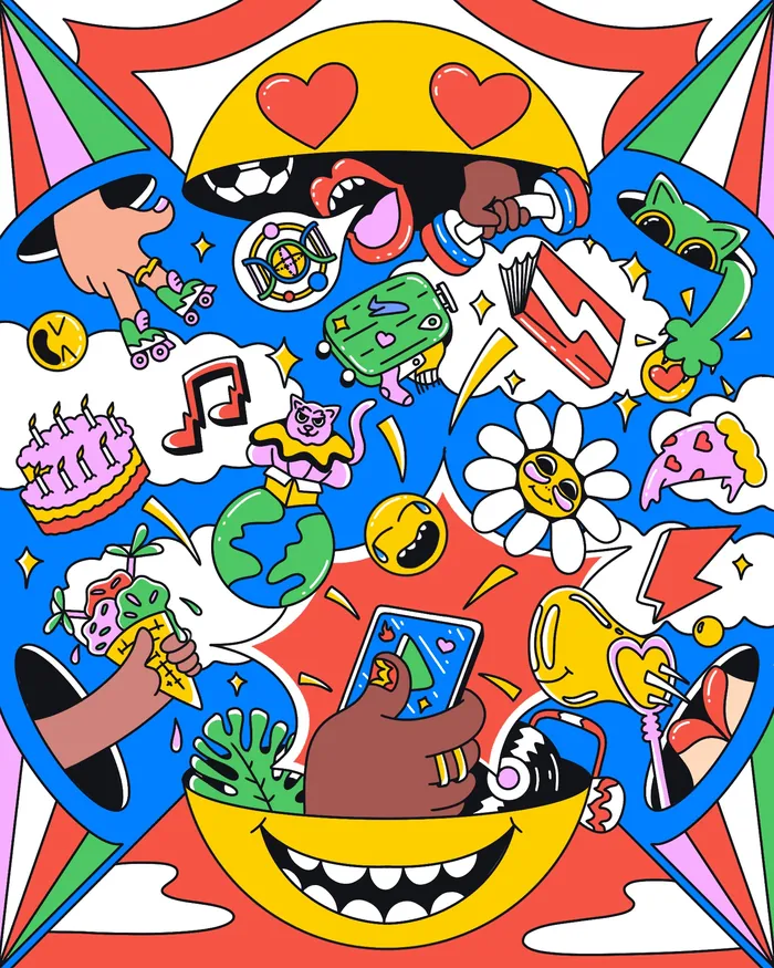 Colorful cartoon collage of fun objects and expressions in TikTok style