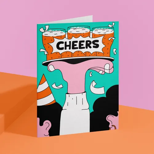Illustration of hand holding a Cheers card with drinks and confetti