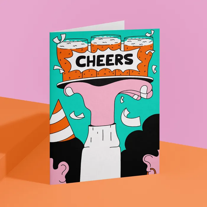 Illustration of hand holding a Cheers card with drinks and confetti