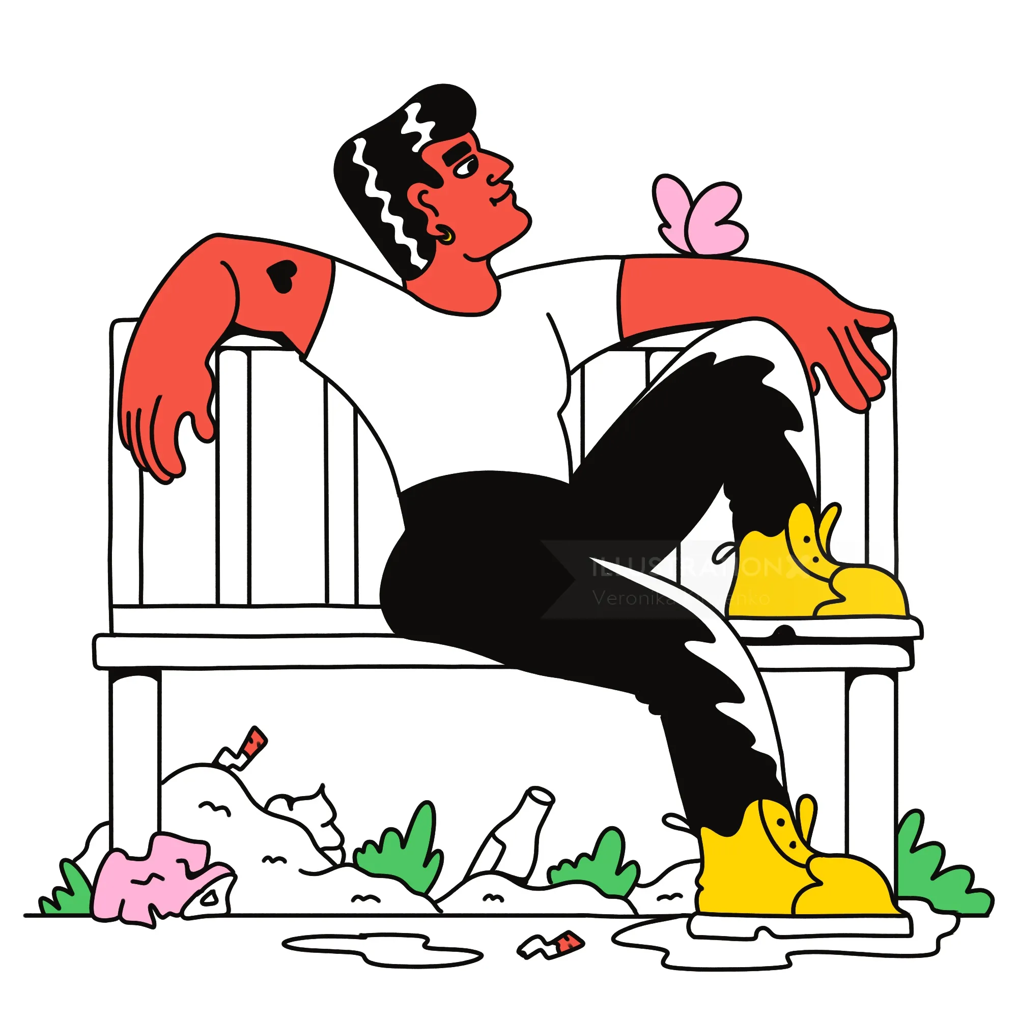 Stylized character relaxing on bench surrounded by trash and a butterfly