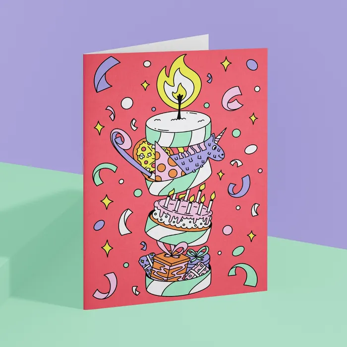 Colorful birthday card with stacked cakes and candle illustration