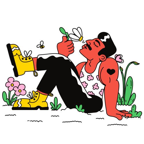Character relaxing on grass holding a flower in spring