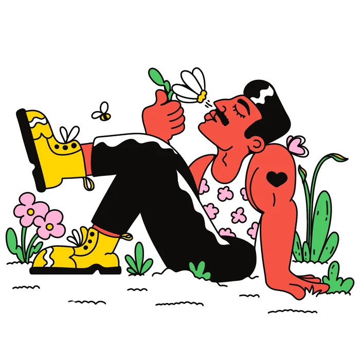 Character relaxing on grass holding a flower in spring