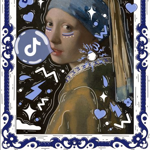 Modern Girl with a Pearl Earring with TikTok logo and blue graphic elements