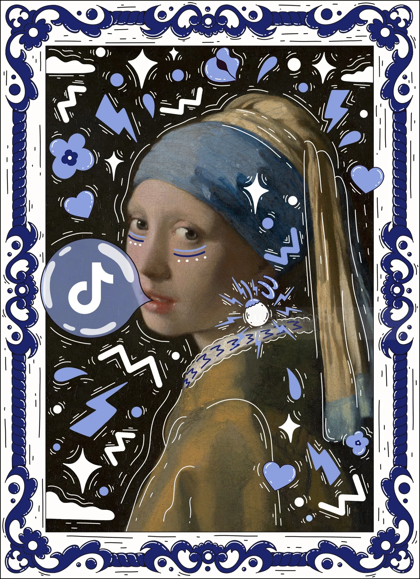 Modern Girl with a Pearl Earring with TikTok logo and blue graphic elements