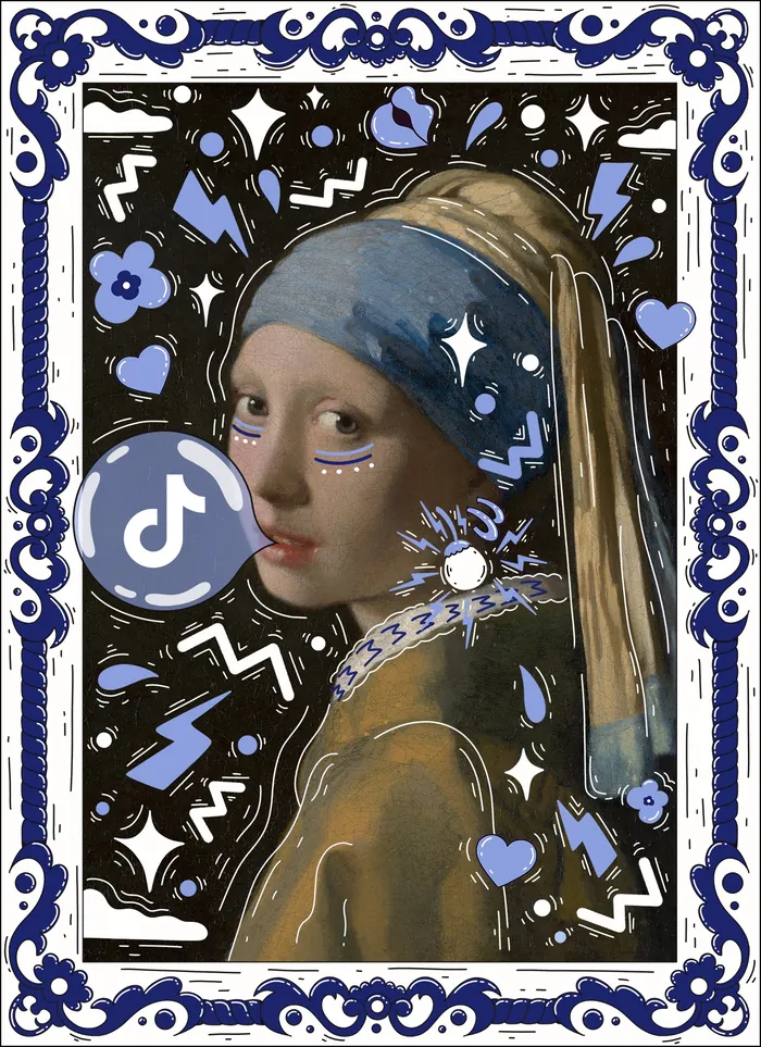 Modern Girl with a Pearl Earring with TikTok logo and blue graphic elements