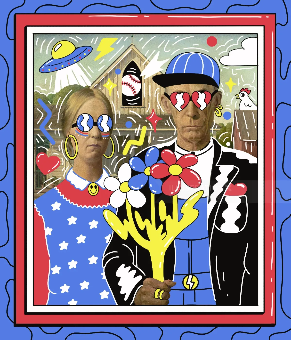 Modern American Gothic with colorful glasses and abstract elements