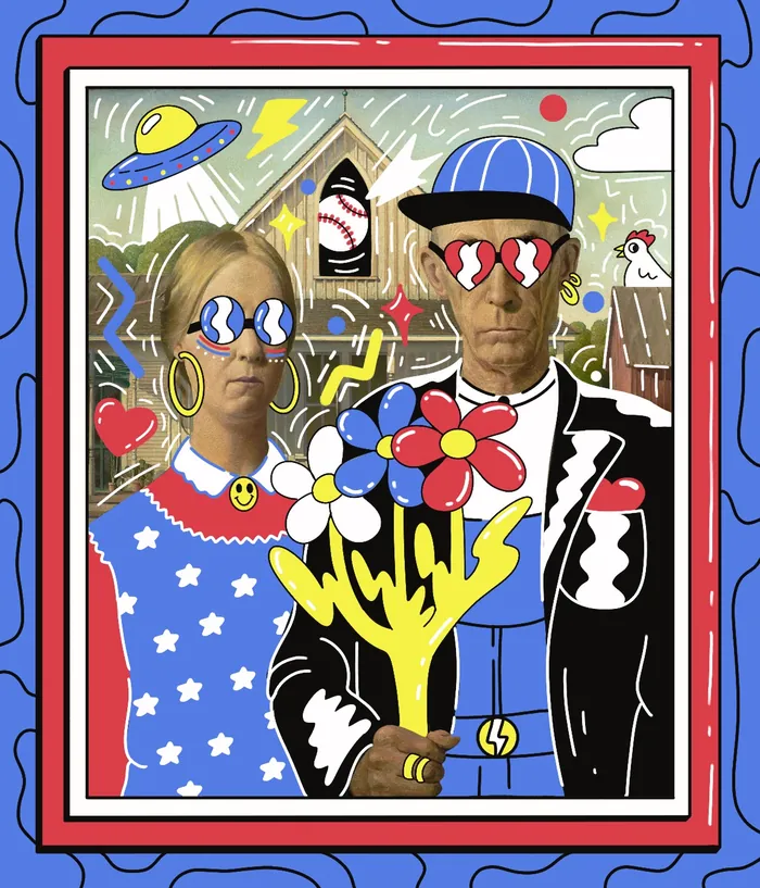 Modern American Gothic with colorful glasses and abstract elements