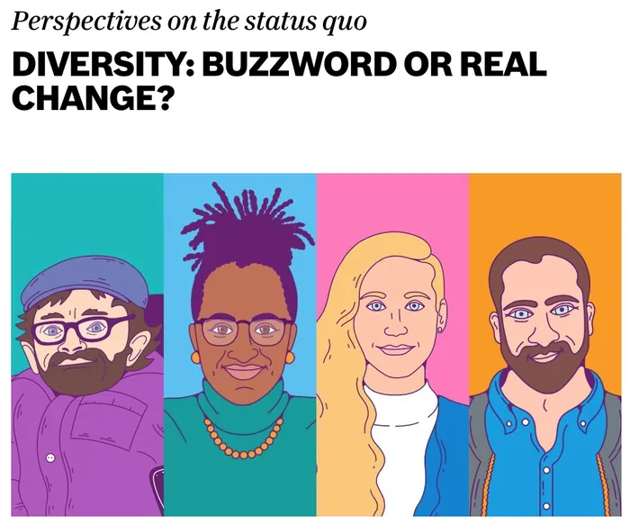 Illustrated portraits of diverse people discussing diversity and change