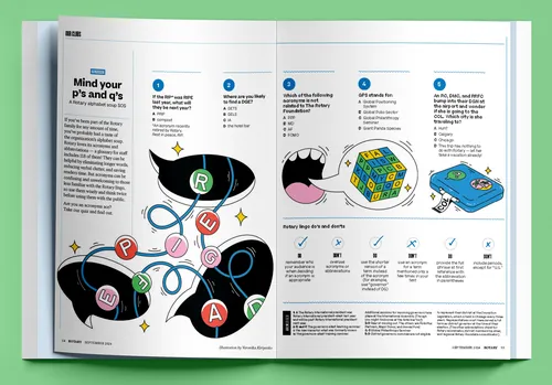 Editorial illustrations showing colorful shapes and diagrams in Rotary Magazine