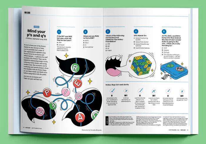 Editorial illustrations showing colorful shapes and diagrams in Rotary Magazine