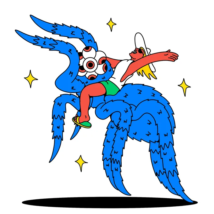 Person in hat riding a large blue spider with stars around